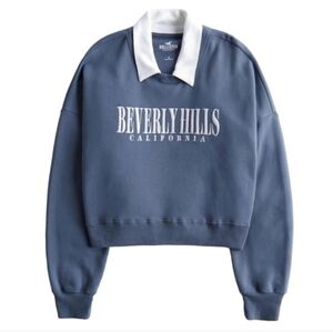 Hollister Beverly Hills Collared Cropped Graphic Sweatshirt in Blue Small